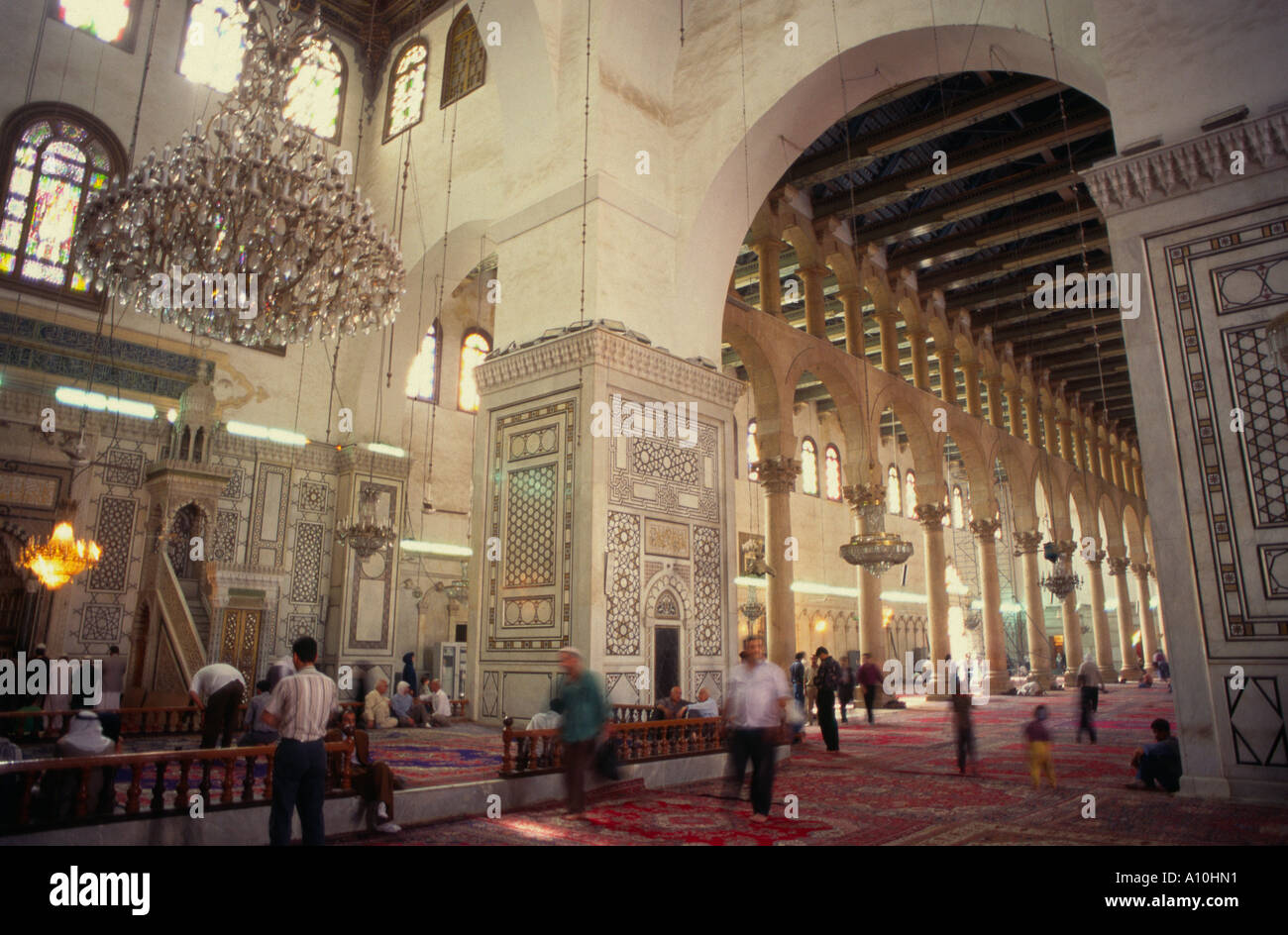 Syria Damascus Omayad Mosque Interior large view with arches and people Stock Photo