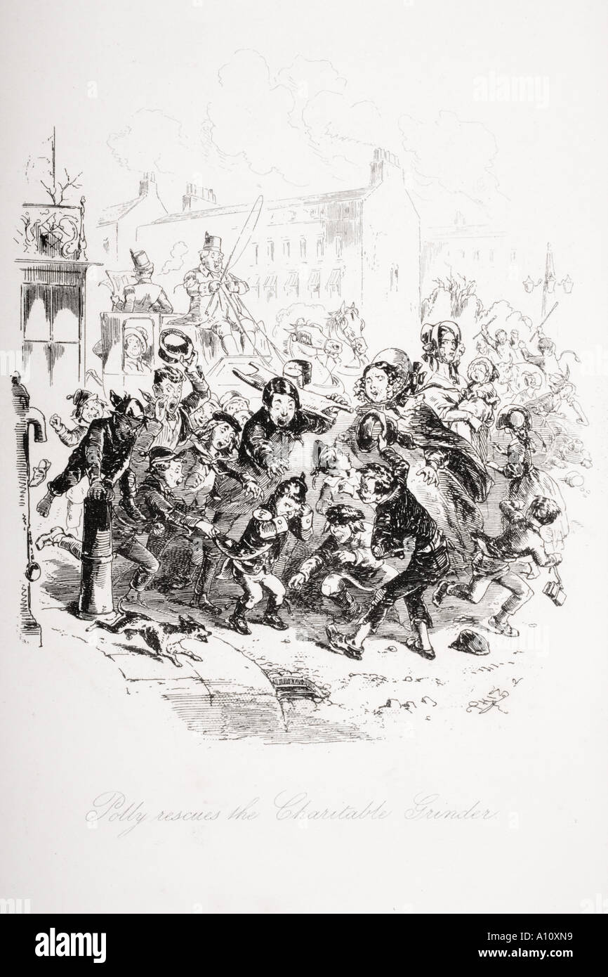 Polly rescues the Charitable Grinder.  Illustration from the Charles Dickens novel Dombey and Son by H K Browne known as Phiz Stock Photo