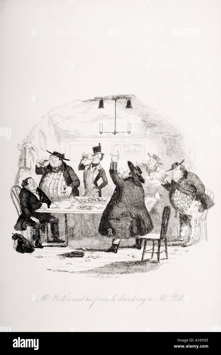 Mr Weller and his friends drinking to Mr Pell. Illustration from the Charles Dickens novel The Pickwick Papers by H K Browne known as Phiz Stock Photo