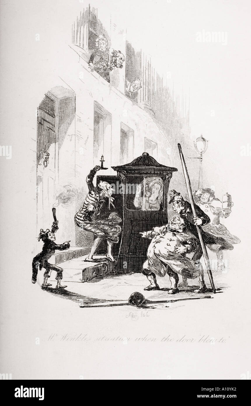 Mr Winkle's situation when the door blew to.  Illustration by H K Browne known as Phiz from Dickens novel The Pickwick Papers. Stock Photo