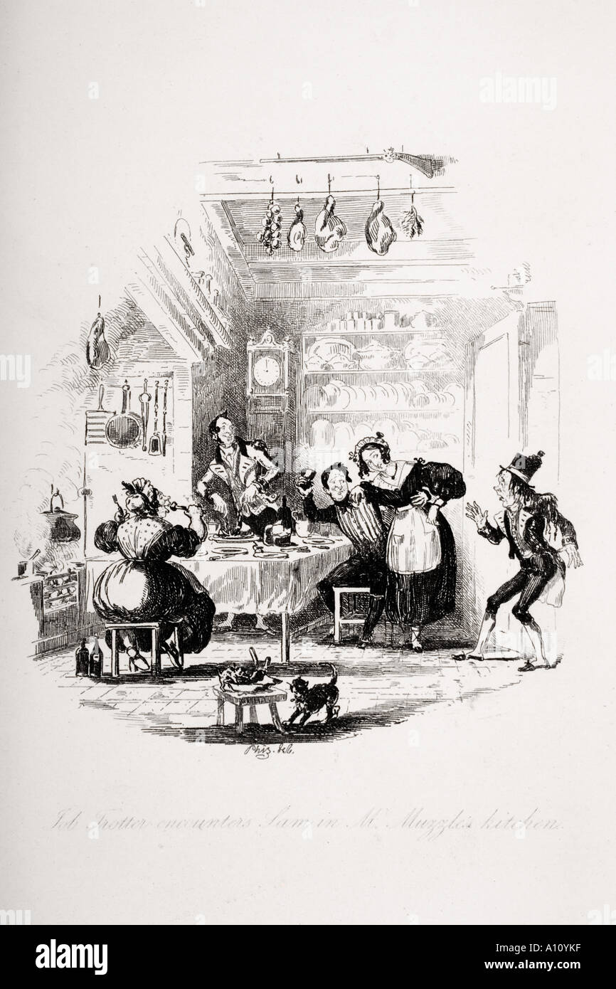 Job Trotter encounters Sam in Mr Muzzle's kitchen. Illustration from the Charles Dickens novel The Pickwick Papers Stock Photo