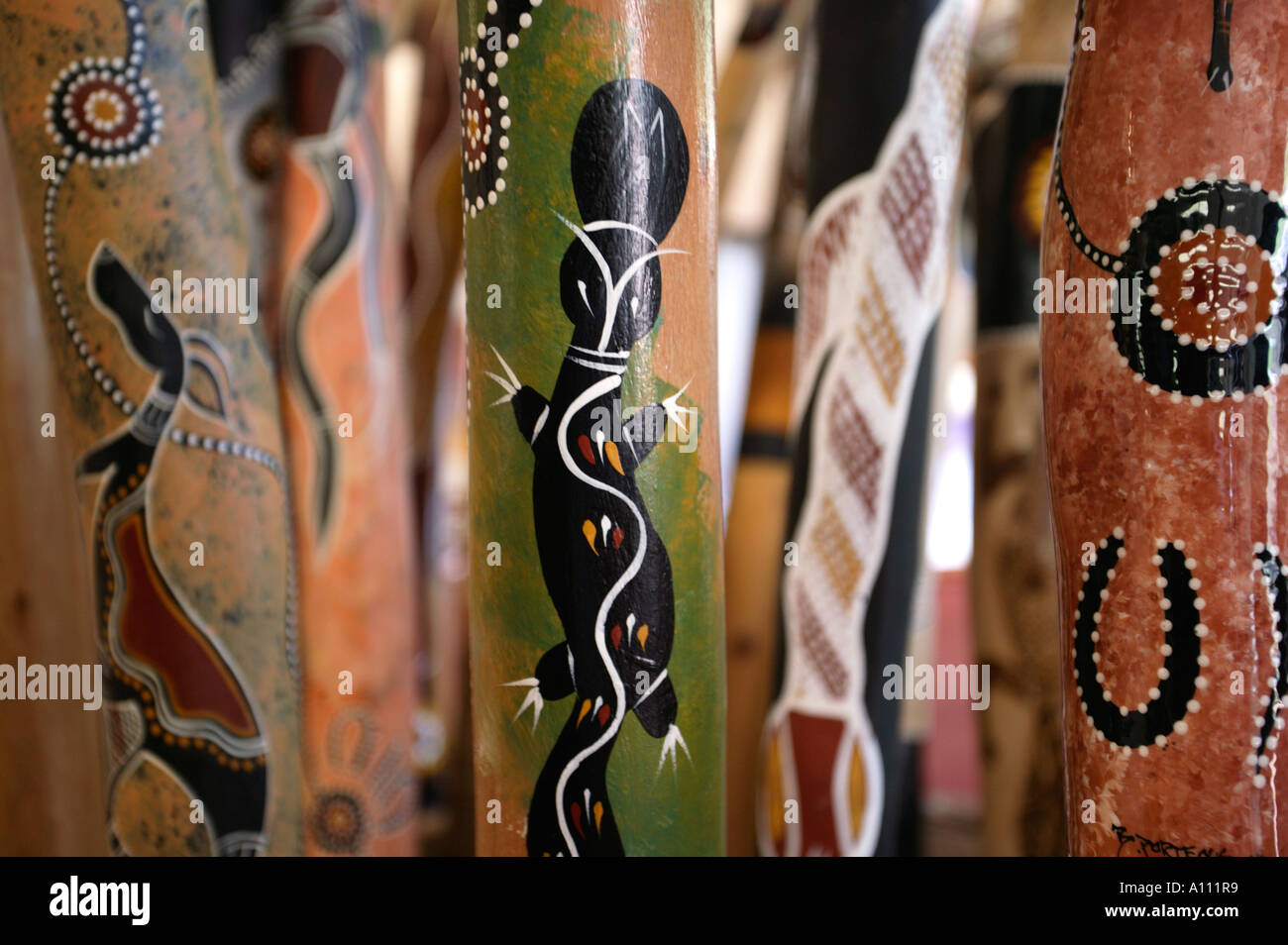 Aboriginal didgeridoos on sale in art gallery, Alice Springs, Northern