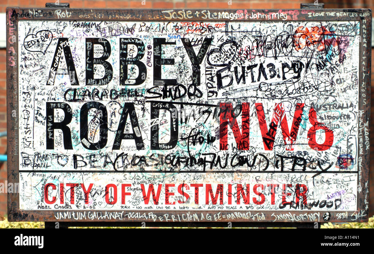 Grafitti on the Abbey Road road sign opposite the famous studios Stock Photo