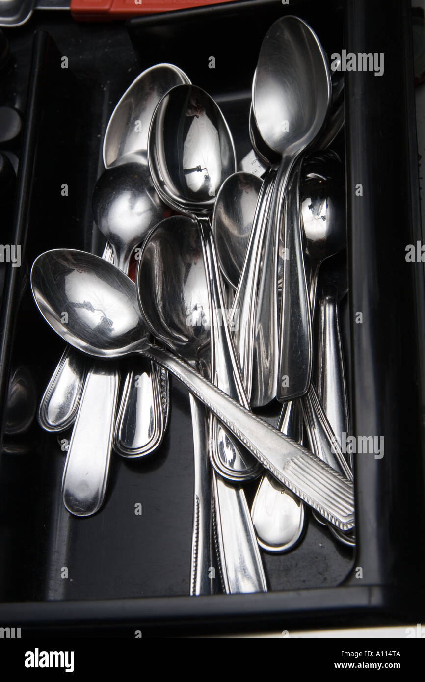 spoons, silverware, cutlery, useful, utensils, silver, close up, drawer,  inside, lay, black, reflection, kitchen, fork, knife Stock Photo - Alamy
