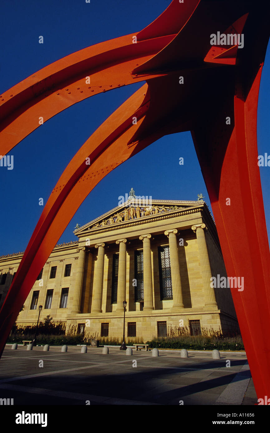 View of Philadelphia Museum of Art through outdoor red sculpture