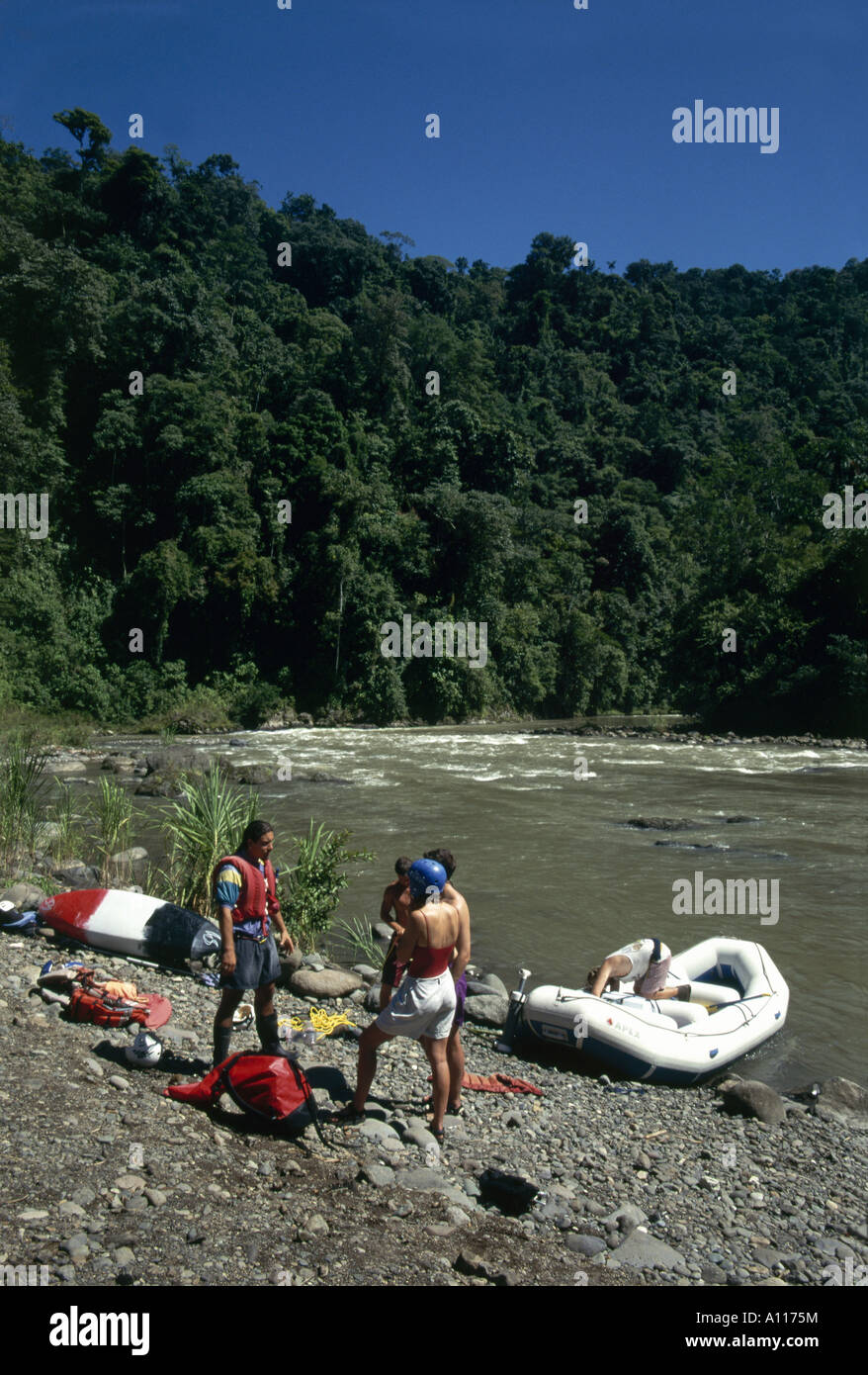 The camp of El Nido del Tigre nest of the Tiger after a days rafting on the River Pacuare somewhere between the area east of Turrialba and Siquirres in the Cartago Limon region Stock Photo