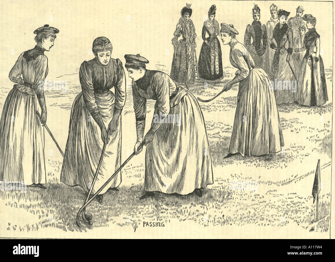 Engravings of Girls at Hockey from the Girl's Own Paper April 1890 Stock Photo