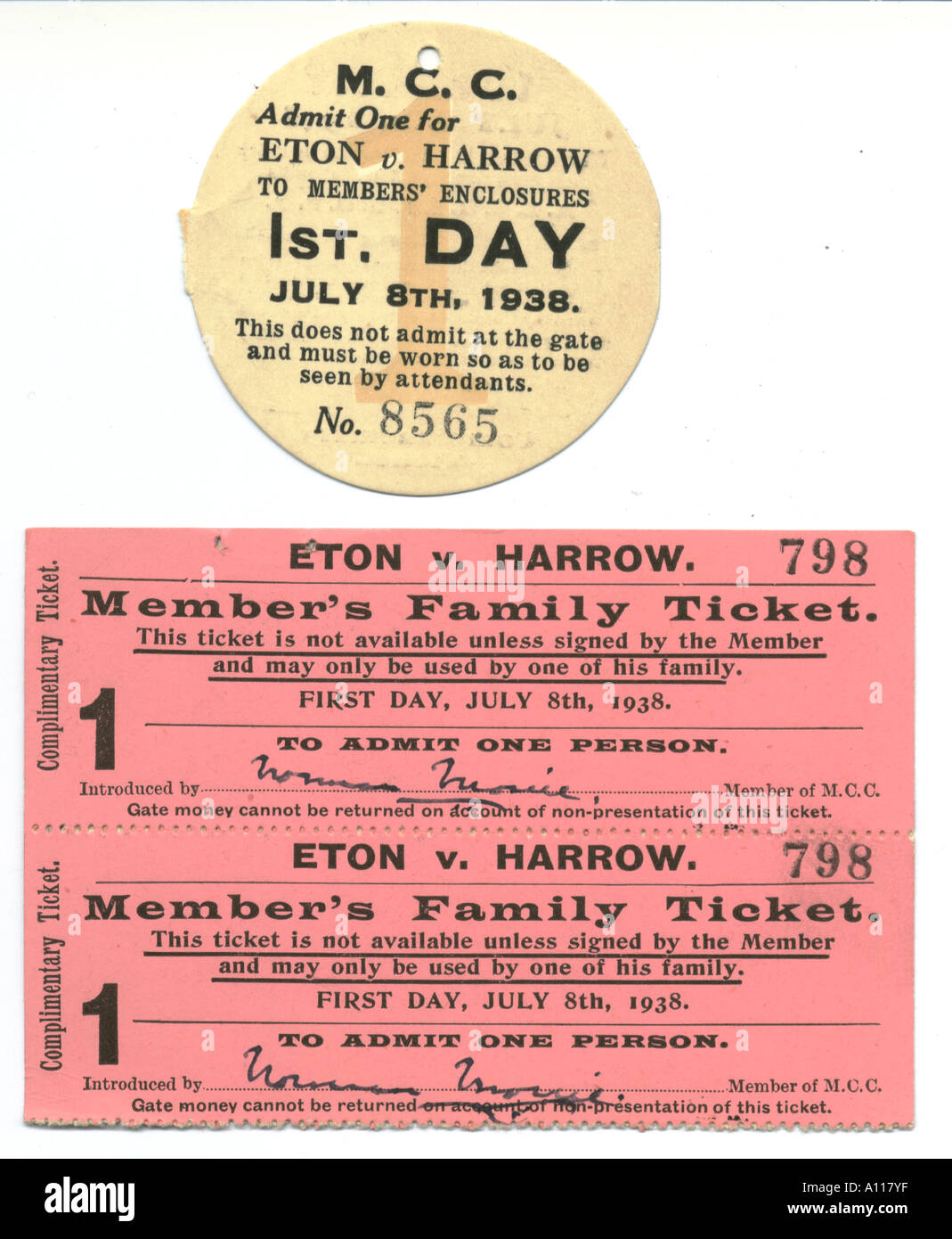 Middlesex Cricket Club Member's tickets for Eton v. Harrow match July 1938 Stock Photo