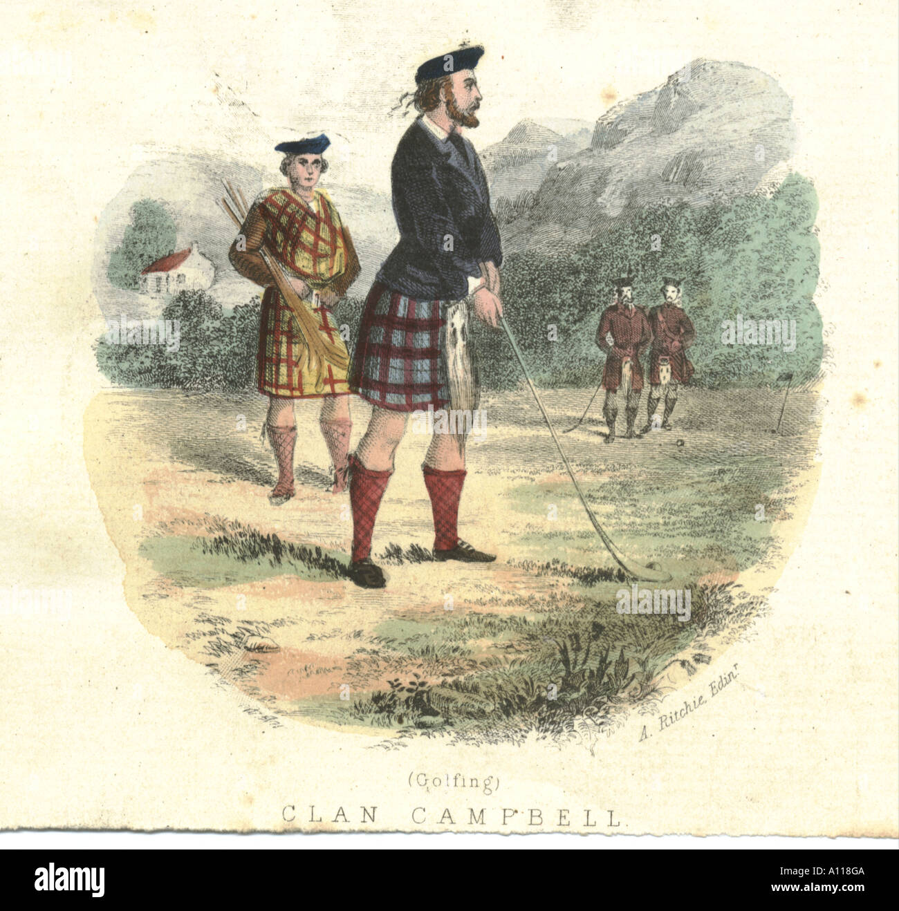 Golfing (Clan Campbell) hand coloured pictorial heading for writing paper c 1850 Stock Photo
