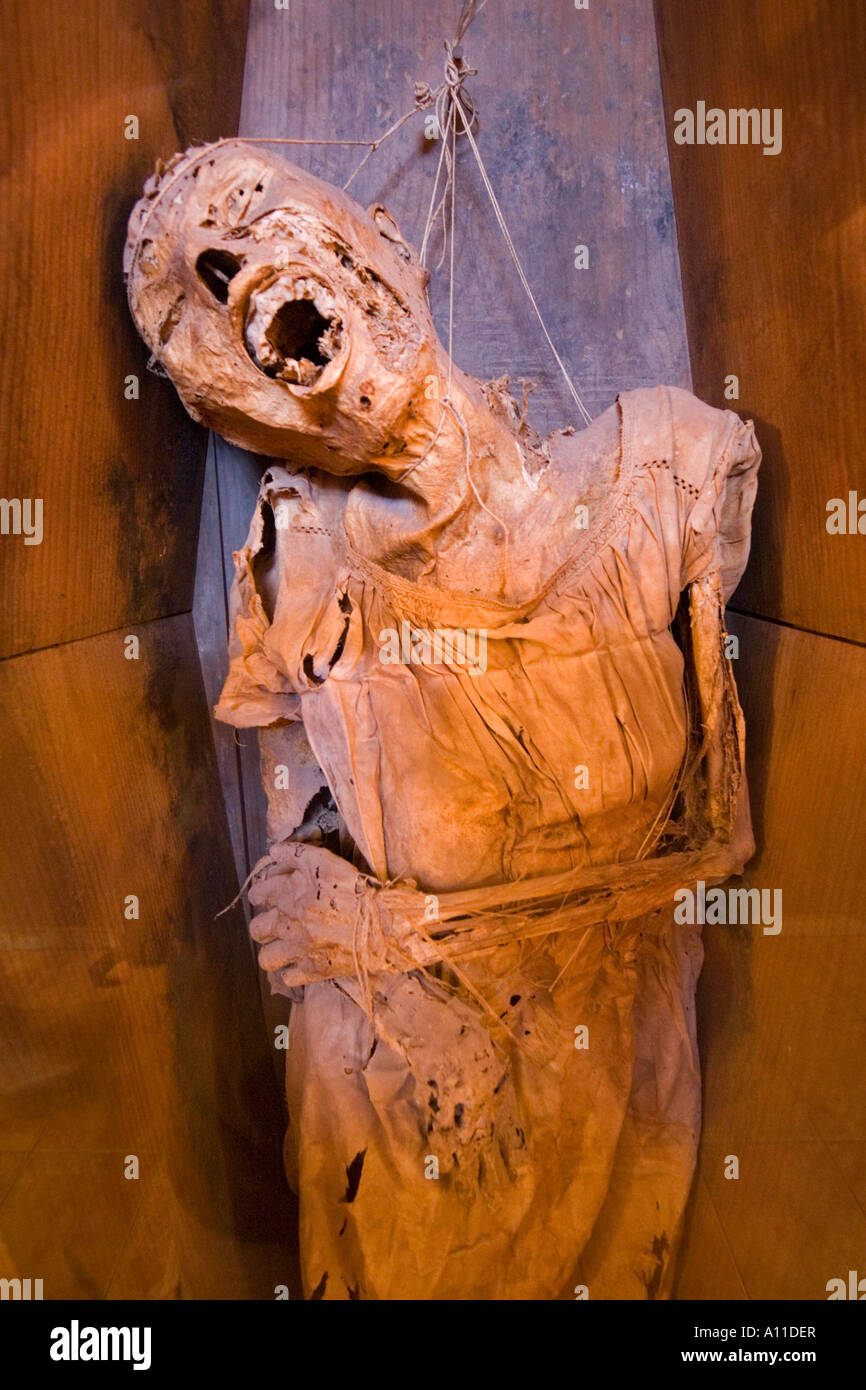 In the Museum of mummies, a mummified corpse in its coffin (Guanajuato-Mexico). Momie du 'Museo de las Momias' dans son cercueil Stock Photo