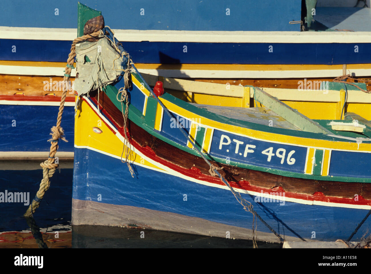 Kajjikk class inshore fishing boat Marsaxlokk Malta Maltese Islands Mediterranean Sea Stock Photo