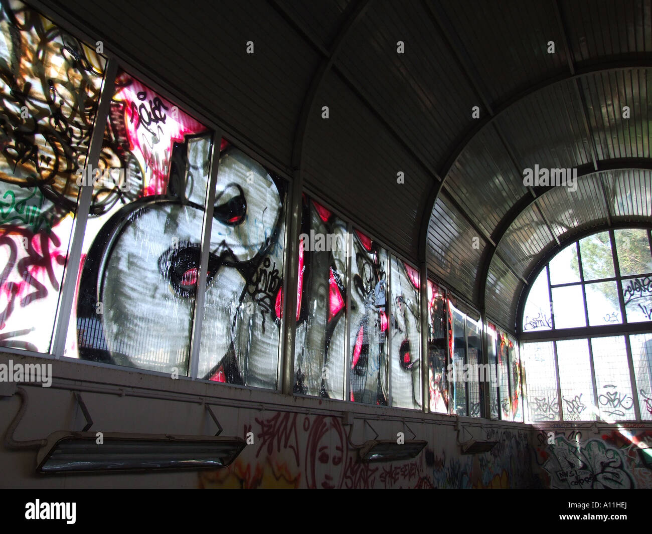 graffiti covered train station in rome Stock Photo