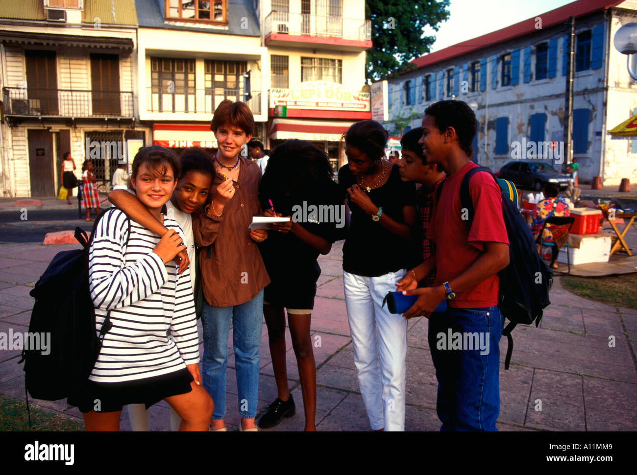 French students, students, teen girls, teen boys, teenagers, Pointe-a-Pitre, Grande-Terre, Guadeloupe, France, French West Indies Stock Photo
