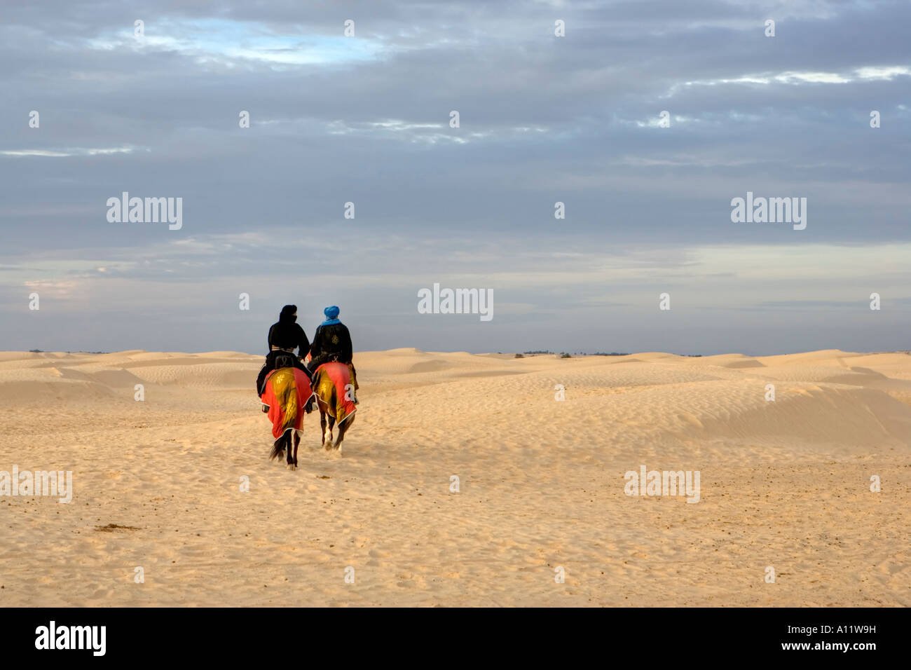 Touareg horsemen riding away in the Saharan desert Tunisia Stock Photo
