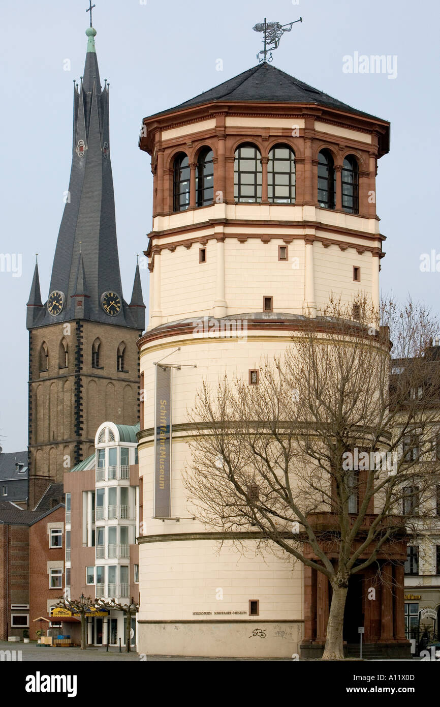 SchiffahrtMuseum shipping museum in the Old Town Dusseldorf Germany with ST LAMBERTUS BASILICA behind Stock Photo