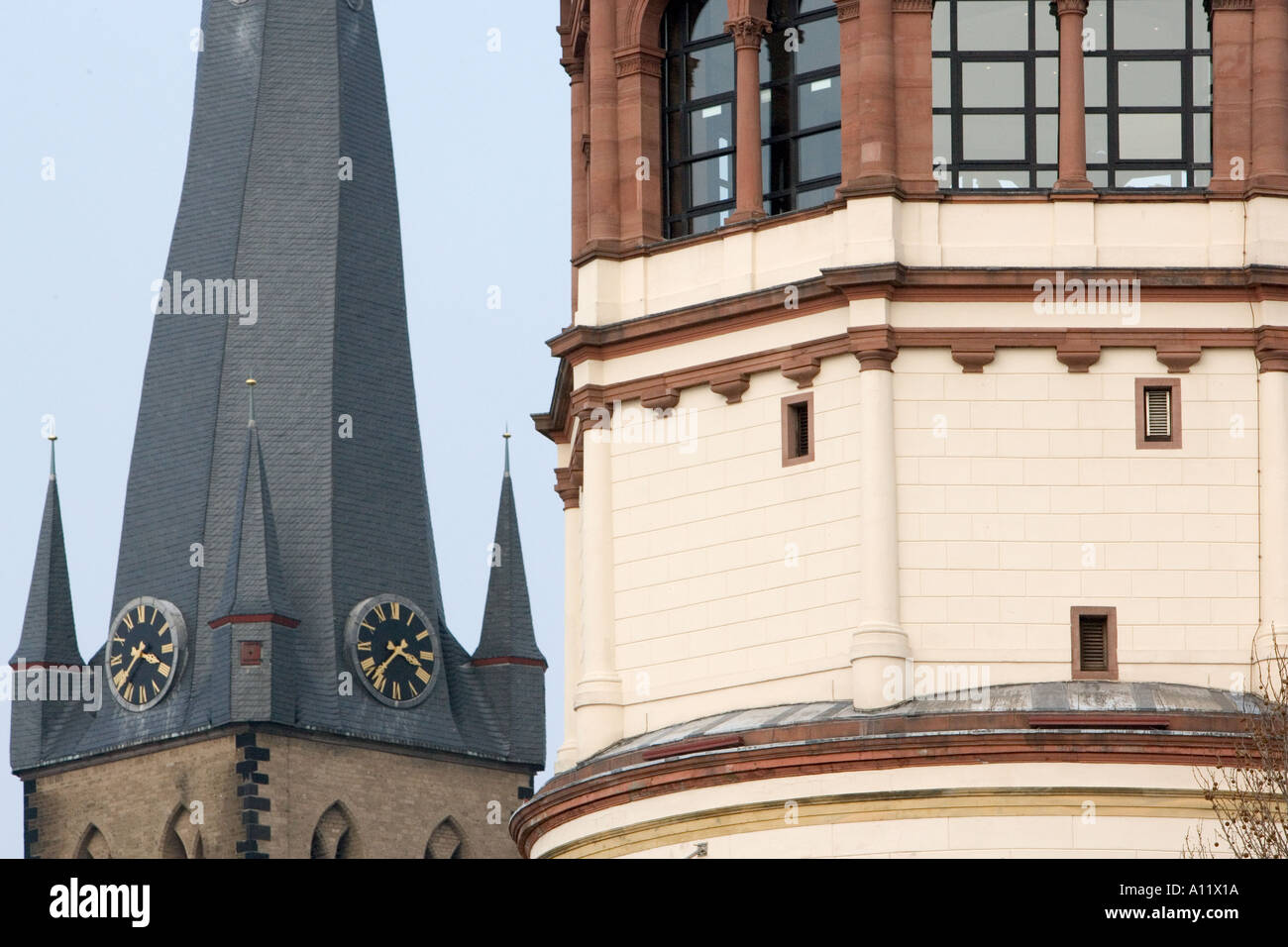 SchiffahrtMuseum shipping museum with the twisted spire of ST LAMBERTUS BASILICA Dusseldorf Germany Stock Photo