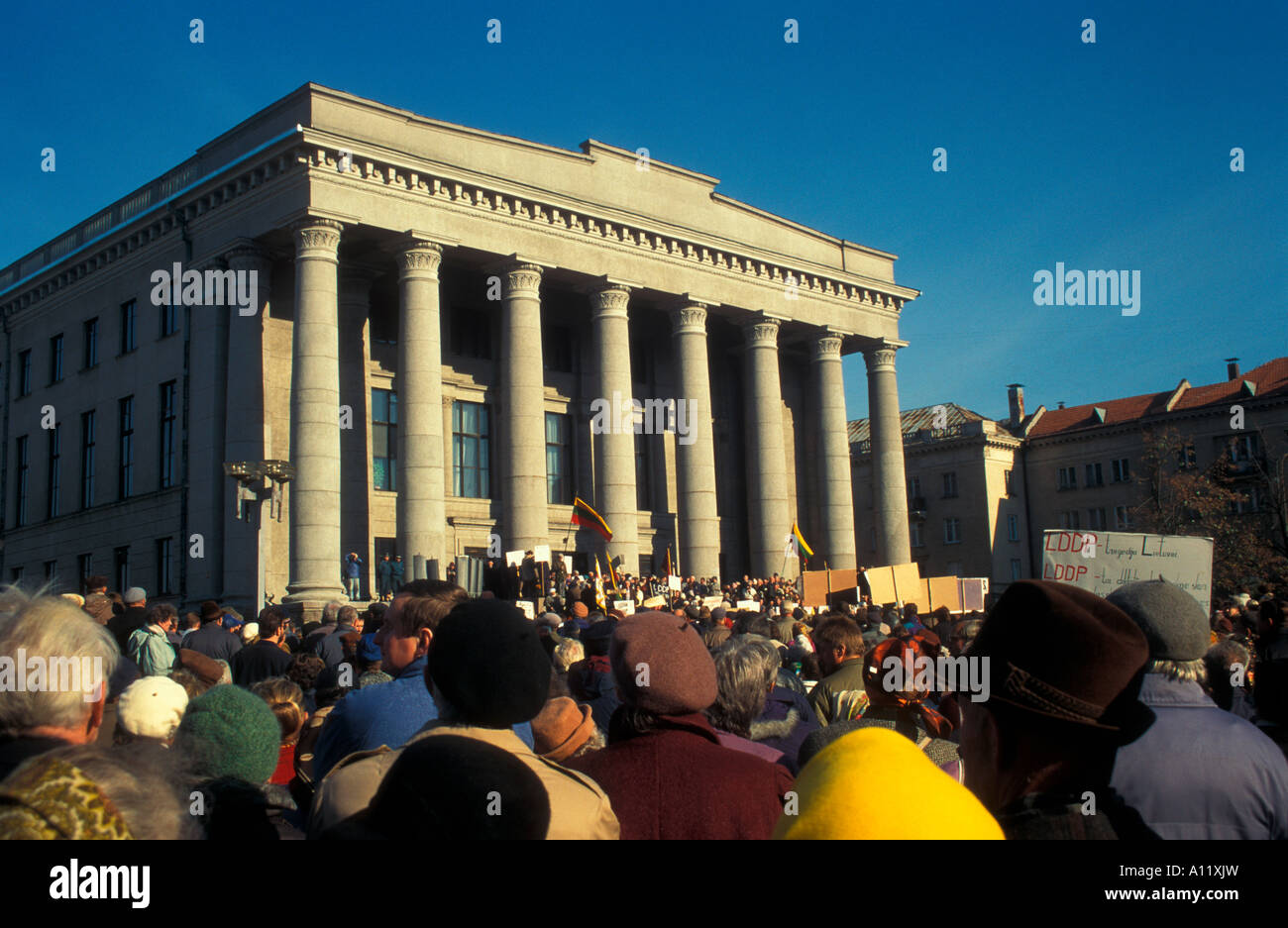 Lithuanian pensioners at a demonstration outside the Mazvydas Library near the Seimas or Parliament in Vilnius, Lithuania Stock Photo
