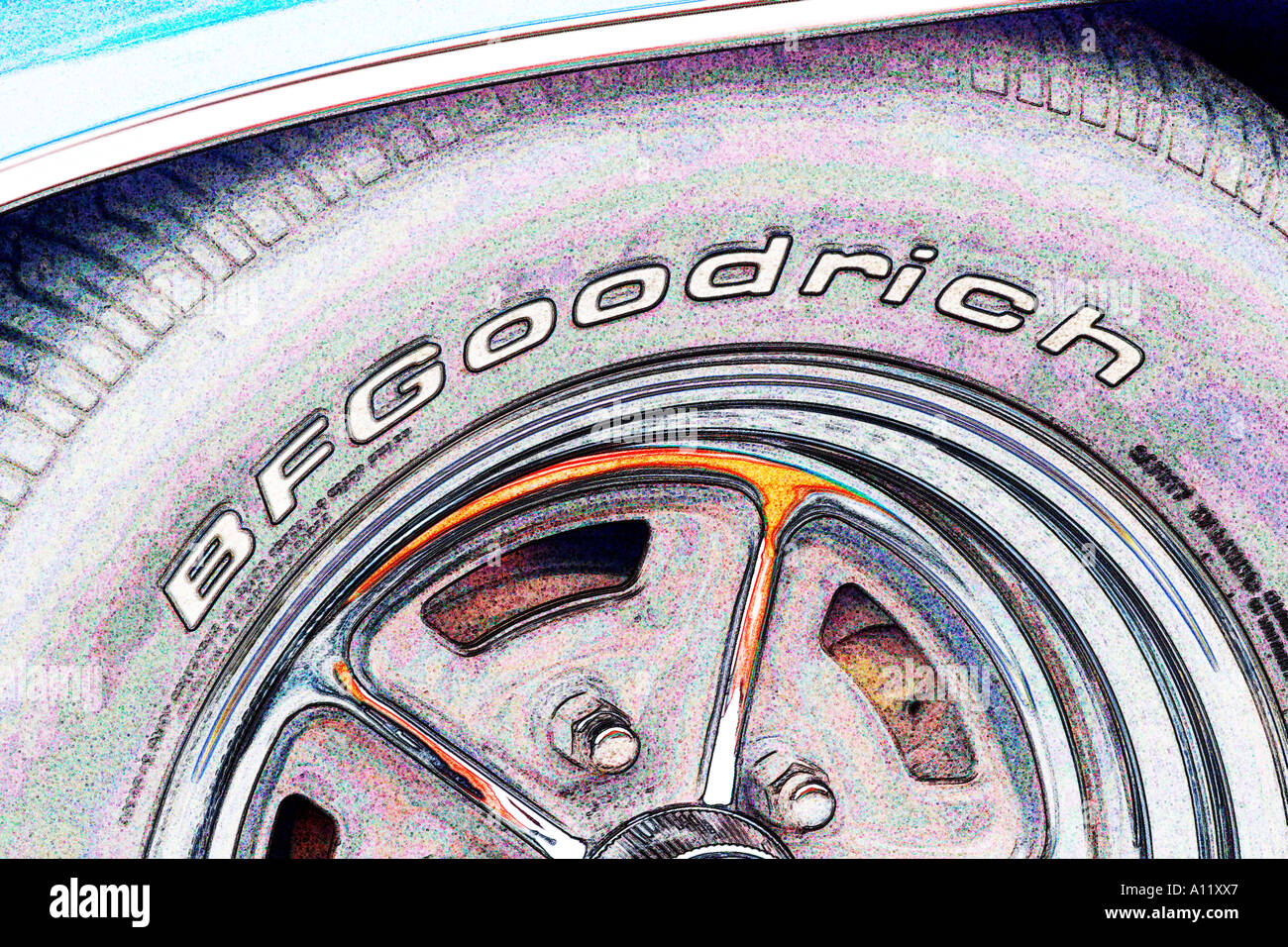 BF Goodrich tire and wheel at a car show altered with special effects Stock Photo