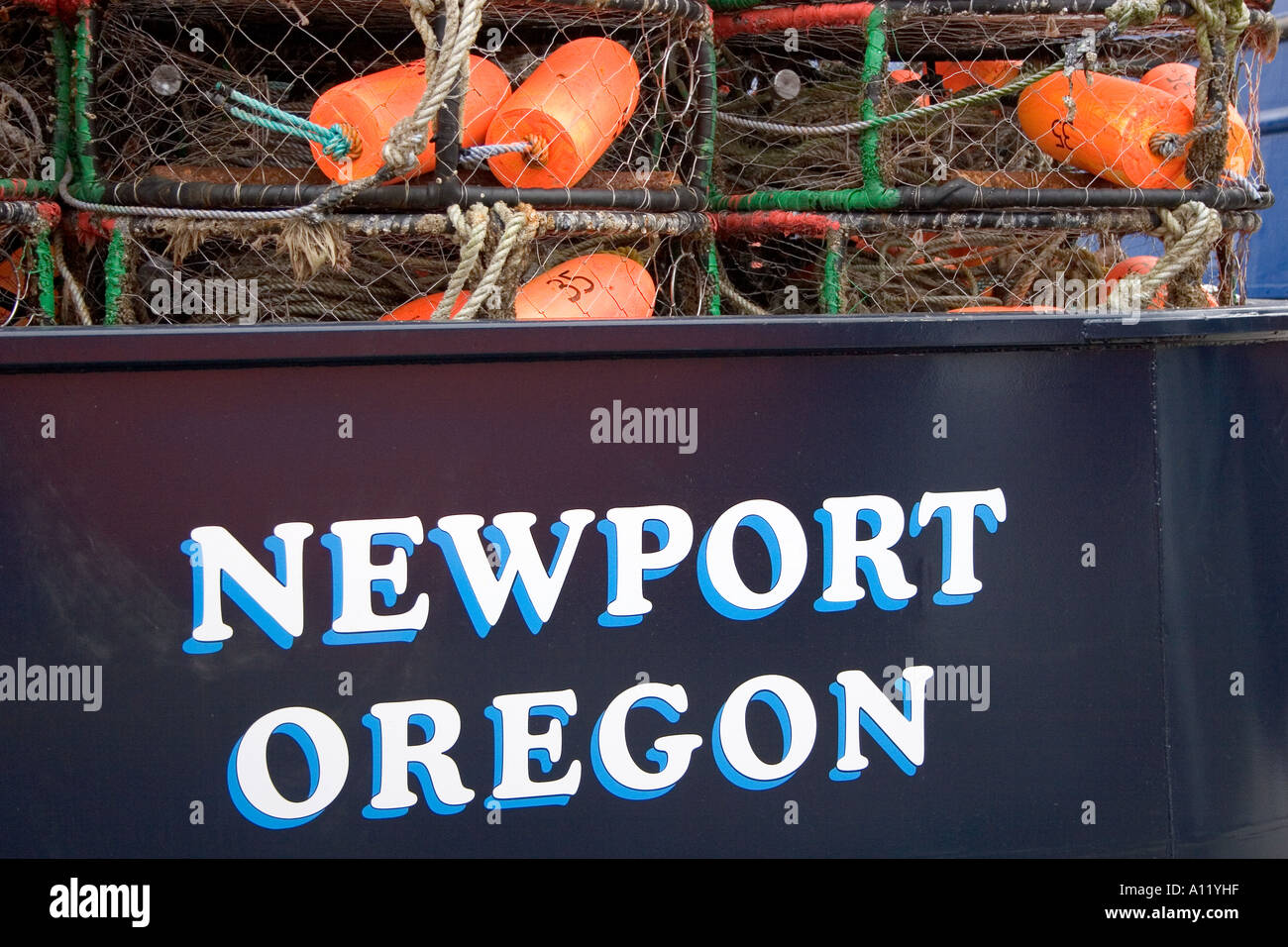 A fishing vessel out of Newport, Oregon is loaded with crab pots Stock