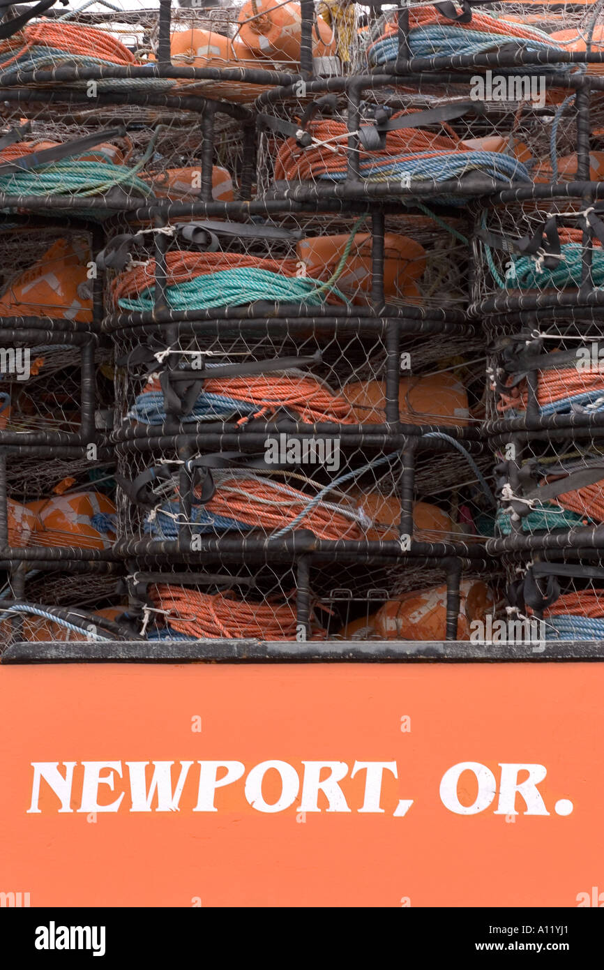 A fishing vessel out of Newport, Oregon is loaded with crab pots Stock