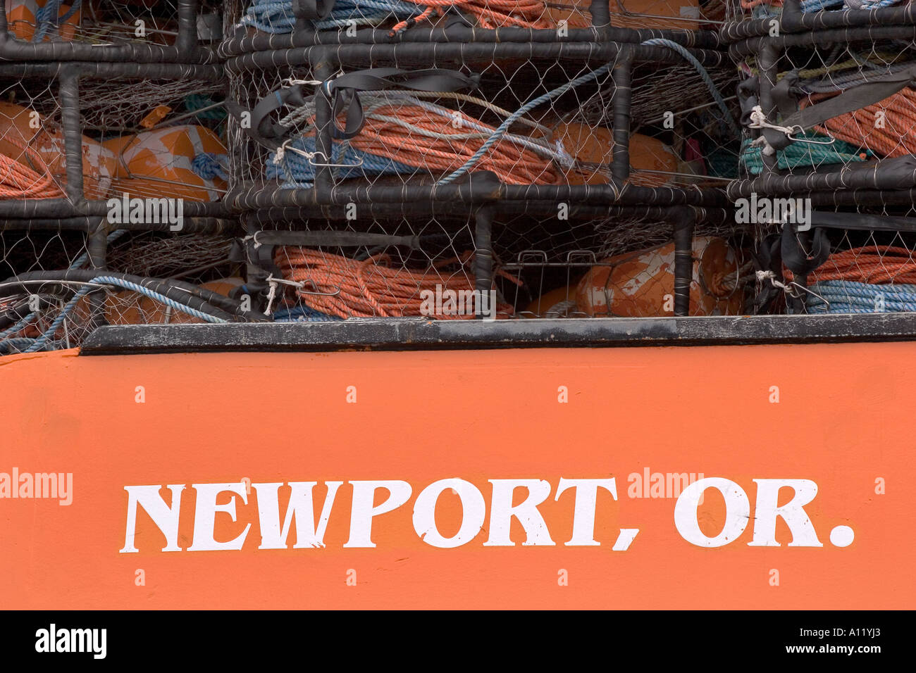 A fishing vessel out of Newport, Oregon is loaded with crab pots Stock
