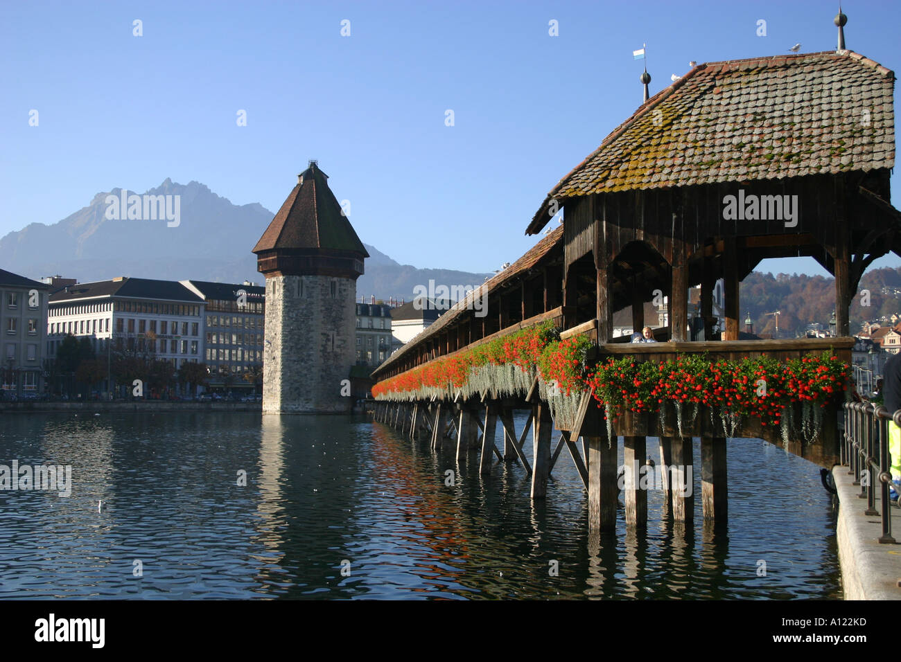 Chapel Bridge and Mount Pilatus, Luzern, Switzerland. Stock Photo