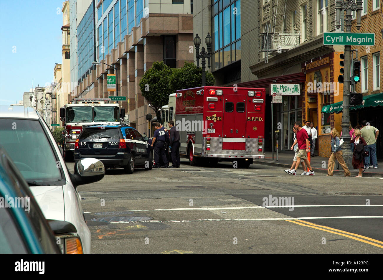 Road traffic accident on Cyril Magnin and Ellis Street, San Francisco, California, USA Stock Photo