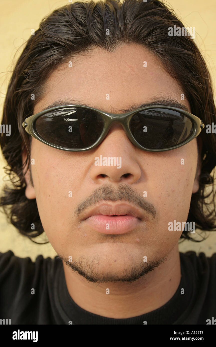 RSC74989 Rohan Mustache beard sunglasses portrait Male model Indian Mumbai Maharashtra India Model released no 542 Stock Photo