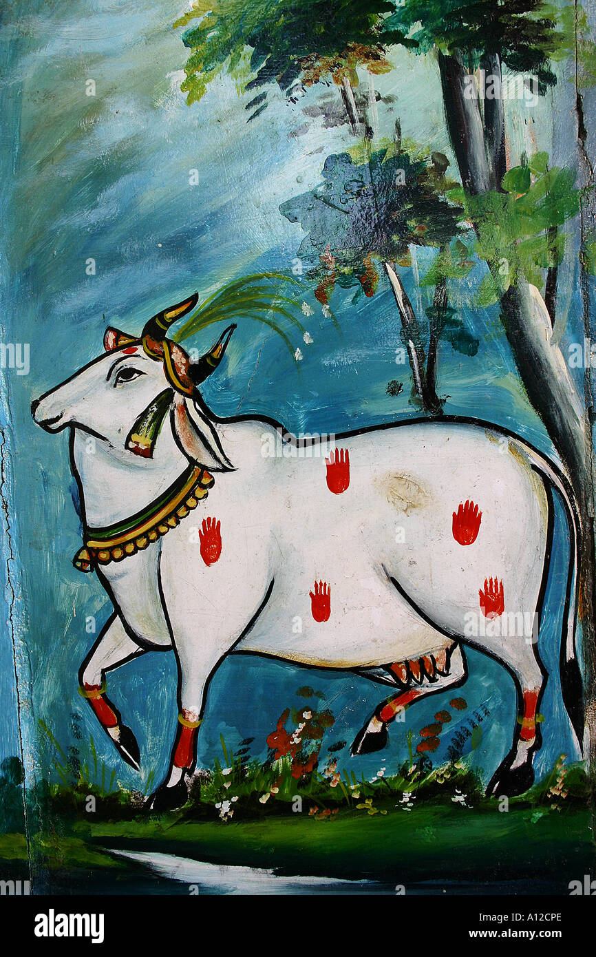 Cow painting holy worshipped animal in India on walls of Sandipani Ashram in Ujjain Madhya Pradesh India Asia Stock Photo