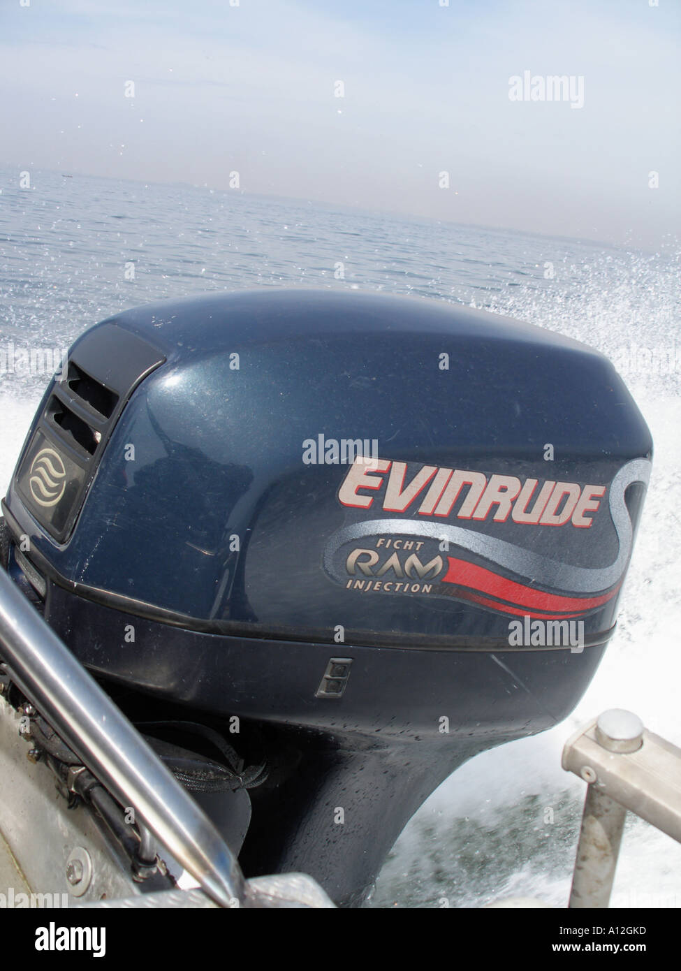 Powerful outboard engine on a motor boat in Lake Victoria, Uganda Stock