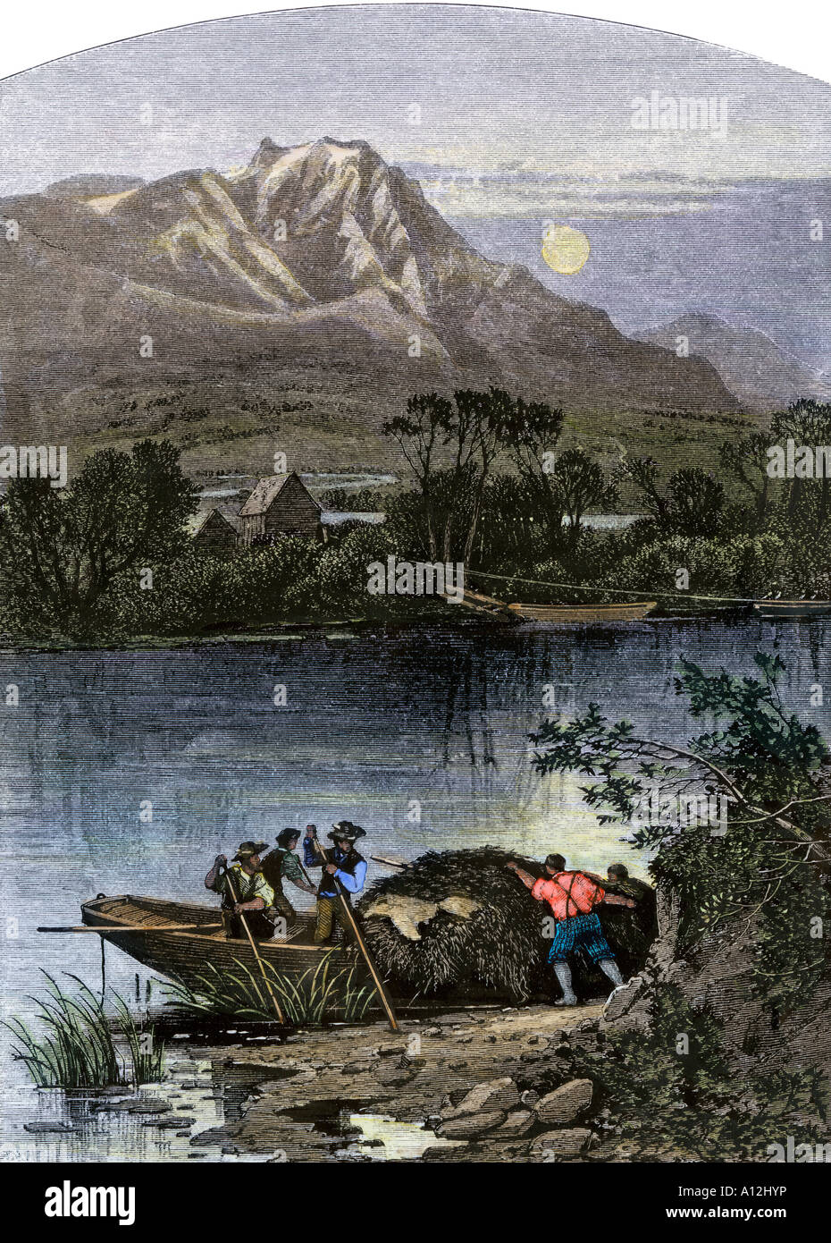Fur traders boat piled high with pelts on the Bear River in Utah Territory 1800s. Hand-colored woodcut Stock Photo