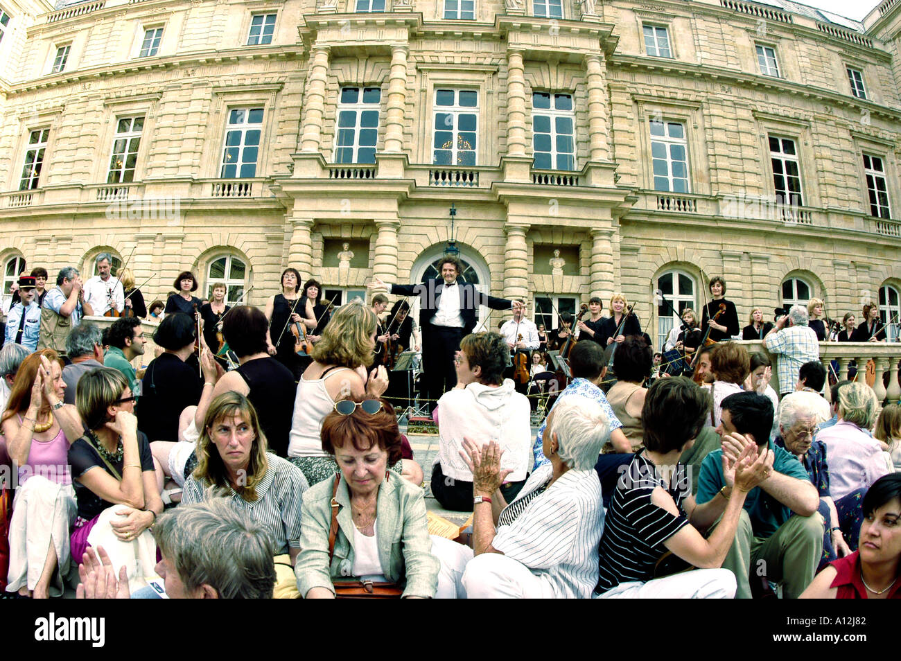 Paris France, Crowd People, Audience in Courtyard of 'The Senate Building' Listening to 'Classical Music' at the national  'Musical Festival » music Stock Photo