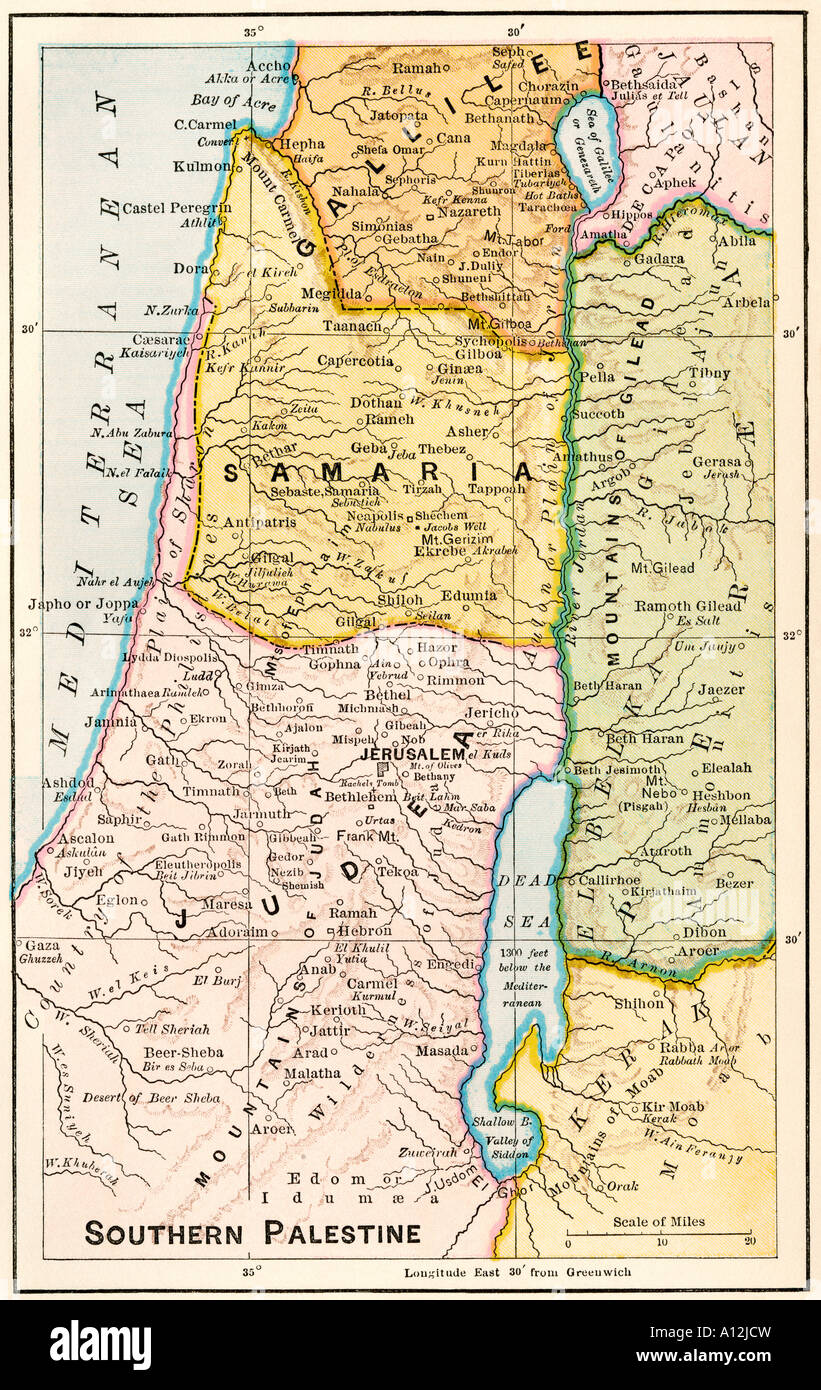 Map of southern Palestine in Biblical times. Color lithograph Stock Photo