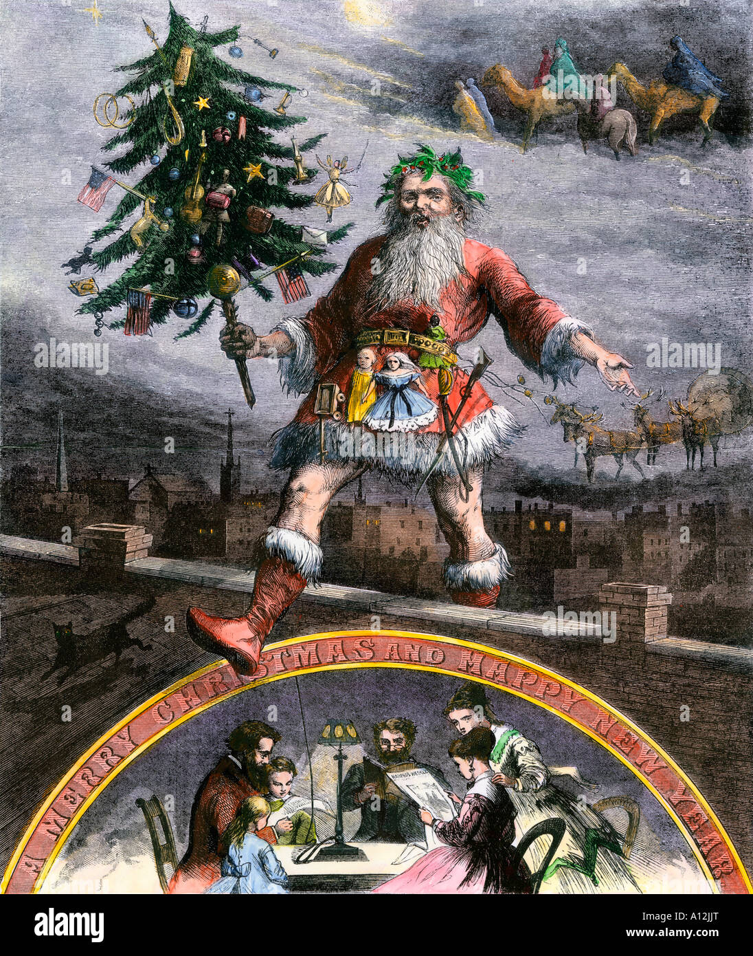 Santa Claus on a rooftop carrying a decorated Christmas tree 1860s. Hand-colored woodcut of a Thomas Nast illustration Stock Photo