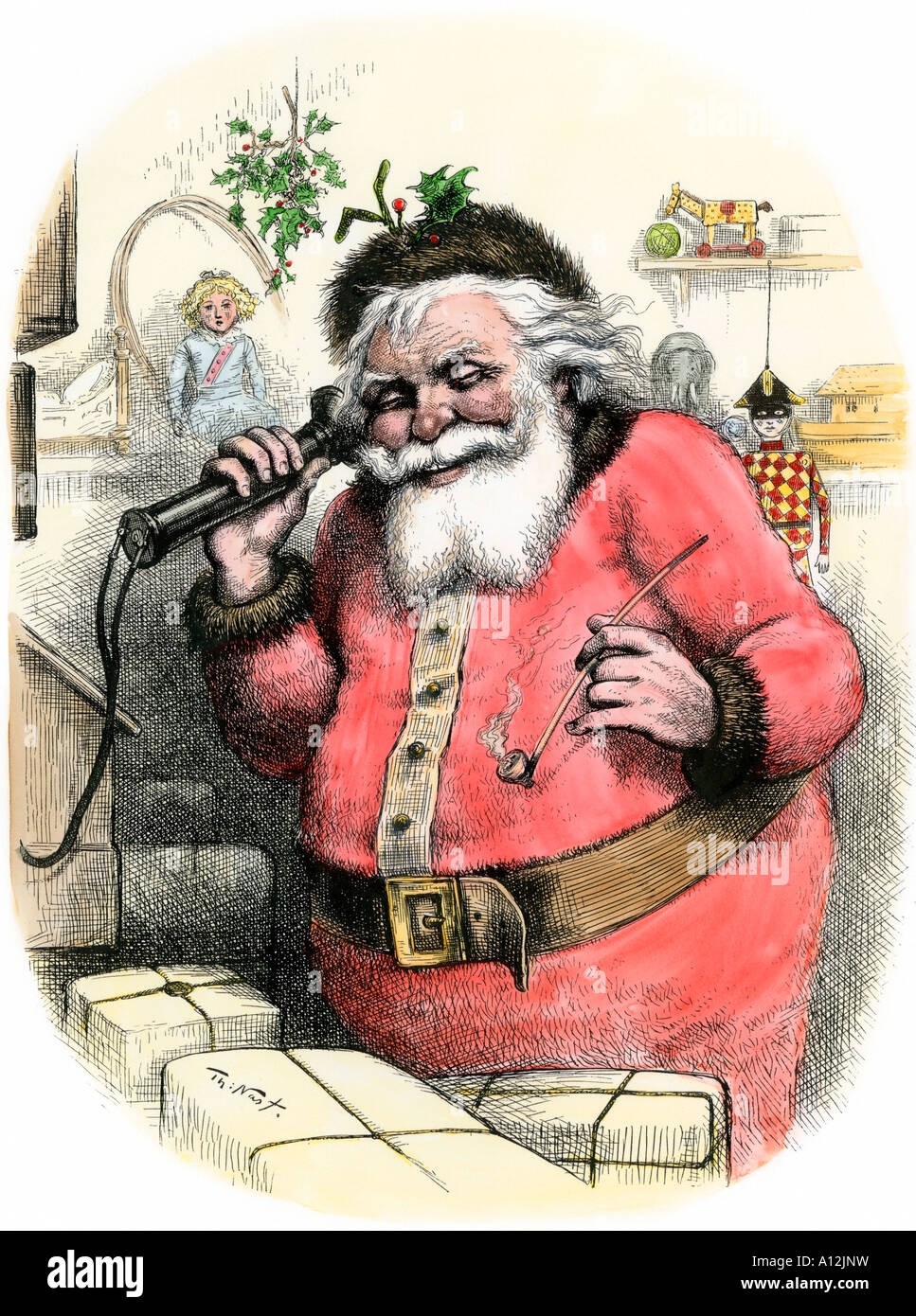Santa Claus speaking to a child on the telephone Hello Little One 1880s. Hand-colored woodcut of a Thomas Nast illustration Stock Photo
