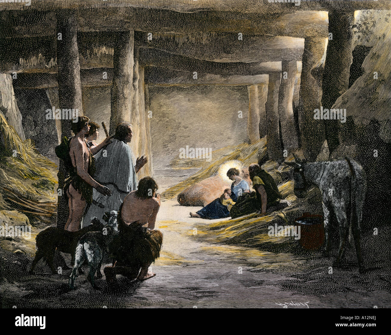 Arrival of shepherds to see baby Jesus in a stable in Bethlehem. Hand-colored halftone of an illustration Stock Photo