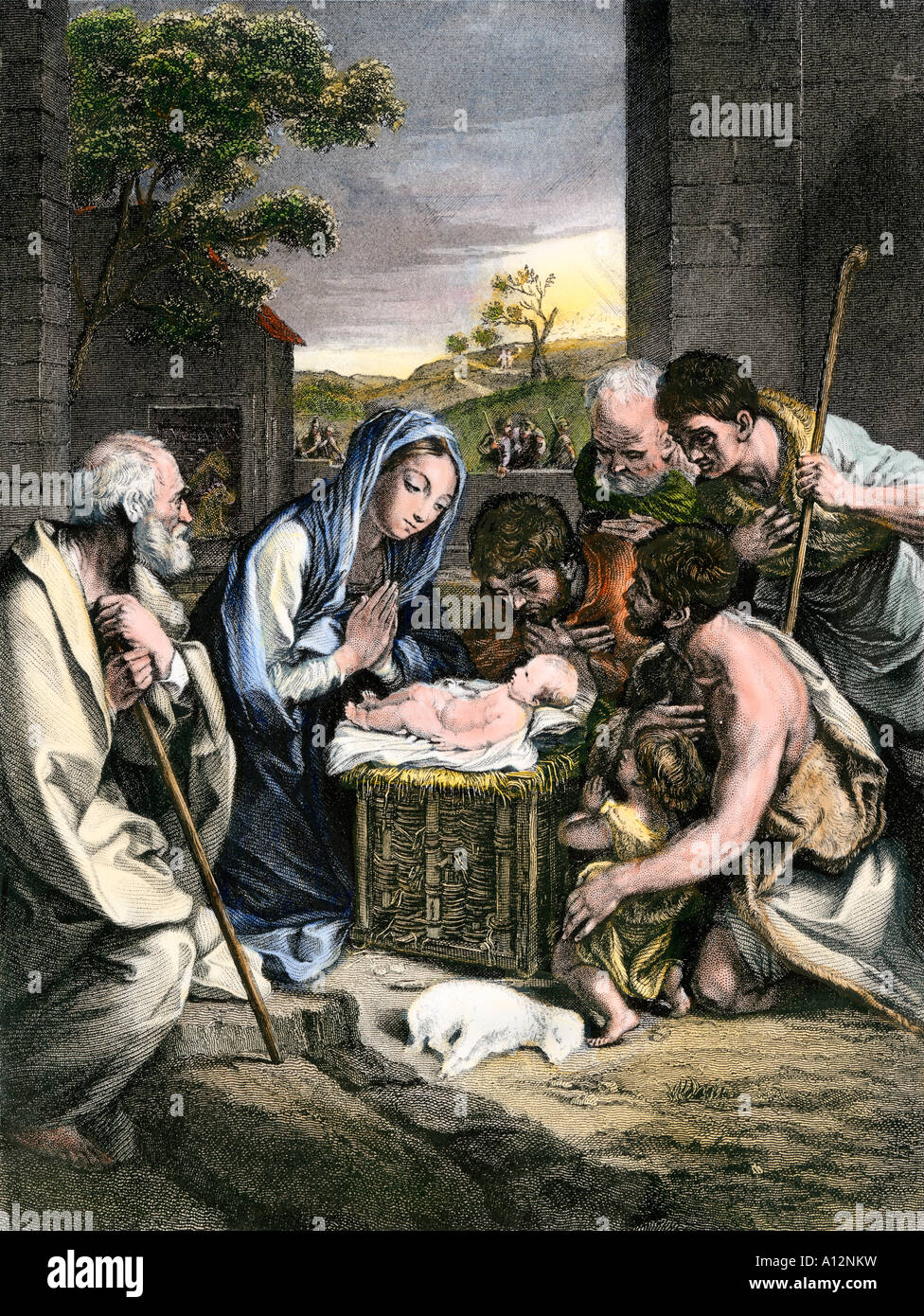 Shepherds worshipping baby Jesus lying in a manger in Bethlehem. Hand-colored halftone of an illustration Stock Photo