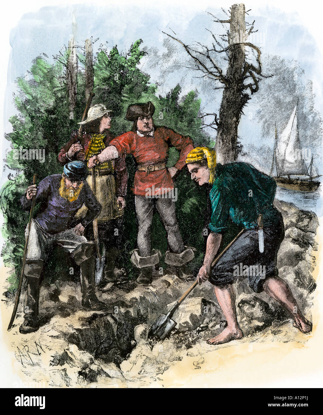Sailors digging for pirate treasure of Captain Kidd. Hand-colored woodcut Stock Photo