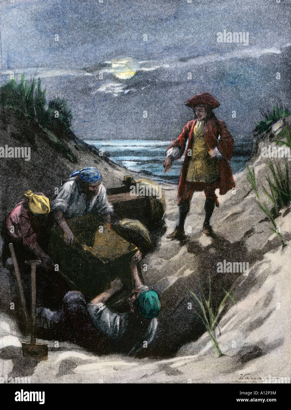 Pirate Captain Kidd burying his treasure possibly on Gardiners Island in New York harbor. Hand-colored halftone of an illustration Stock Photo