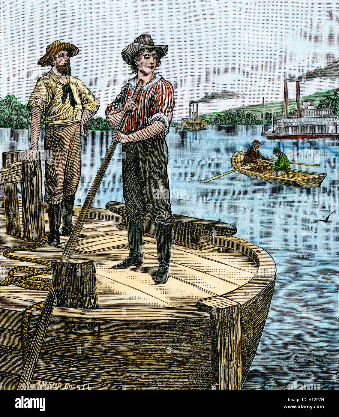 Young Abraham Lincoln working on an Ohio River keelboat. Hand-colored woodcut Stock Photo