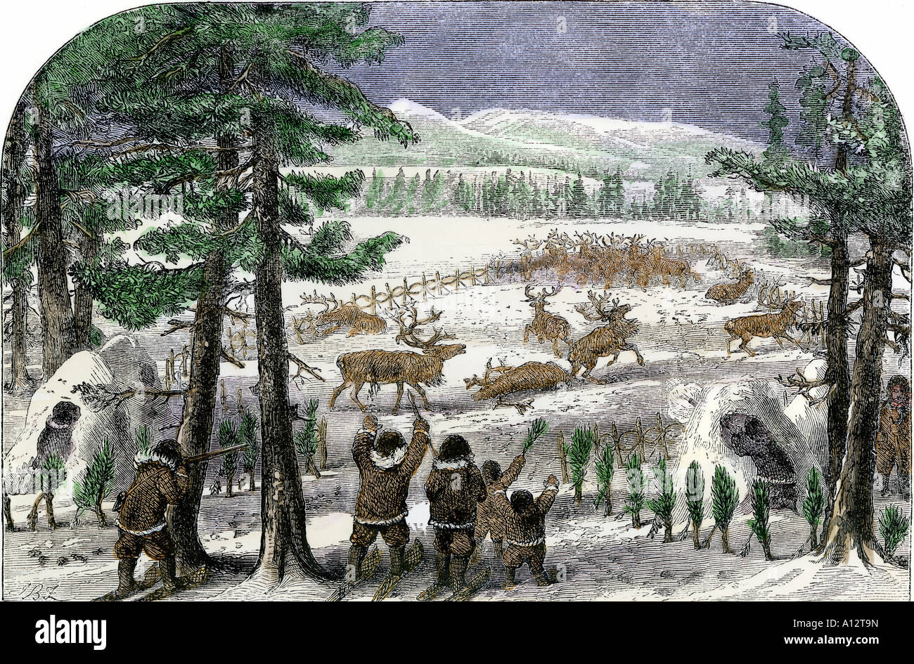 Native American reindeer corral in Alaska 1800s. Hand-colored woodcut Stock Photo