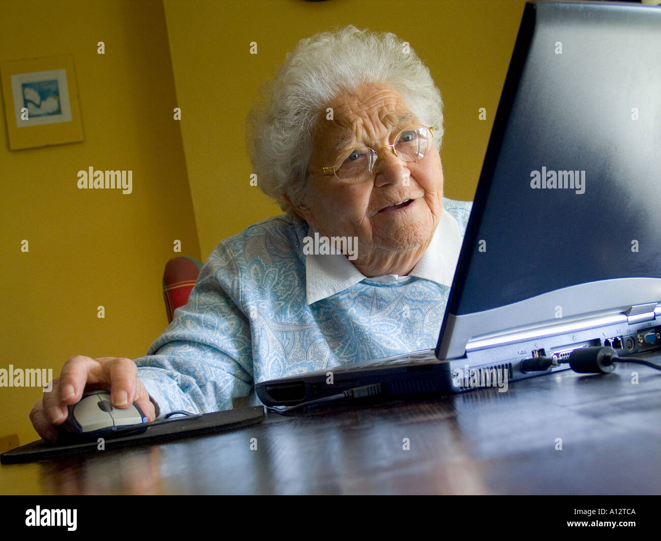 Senior elderly lady & computer at home using her new technology, is fascinated by her laptop computer screen and learning its possibilities. Stock Photo