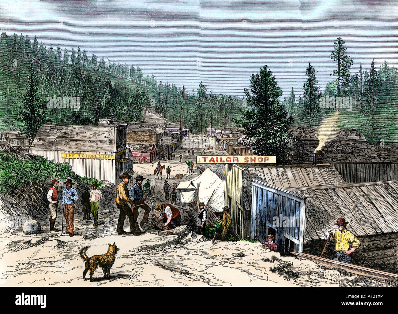 Deadwood City South Dakota during the Black Hills gold rush 1870s. Hand-colored woodcut Stock Photo
