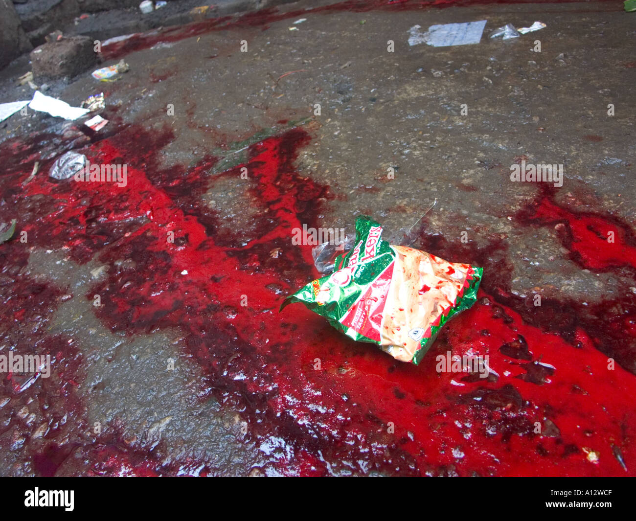 Blood from a slaughtered sheep on the street Stock Photo