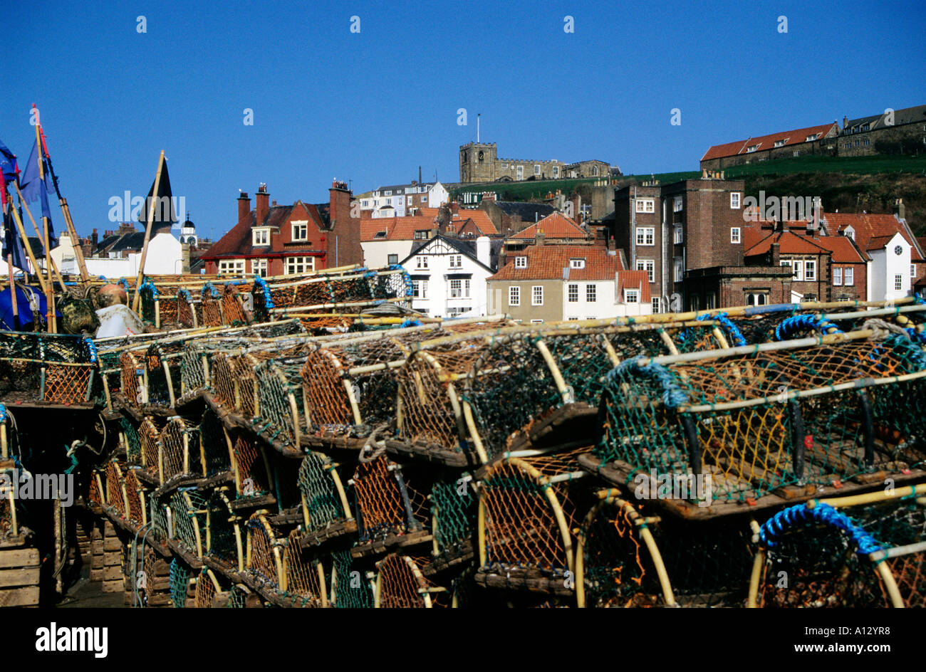 Lobster crab pots on the quayside Whitby Harbour North Yorkshire