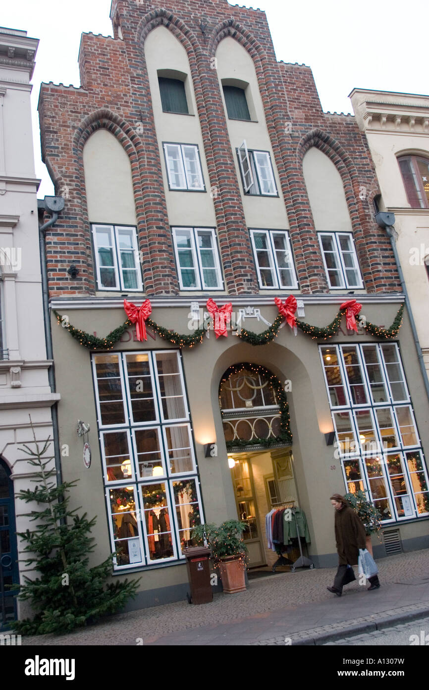 Decorated building and shop in Lubeck.Christmas market Lübeck Schleswig