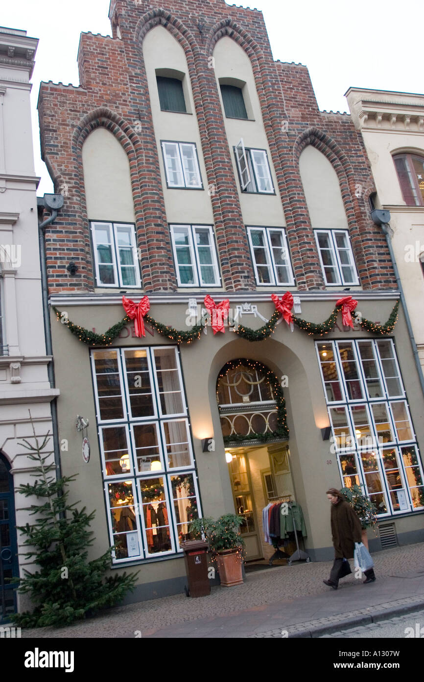Decorated building and shop in Lubeck.Christmas market Lübeck Schleswig Holstein Germany EU Stock Photo