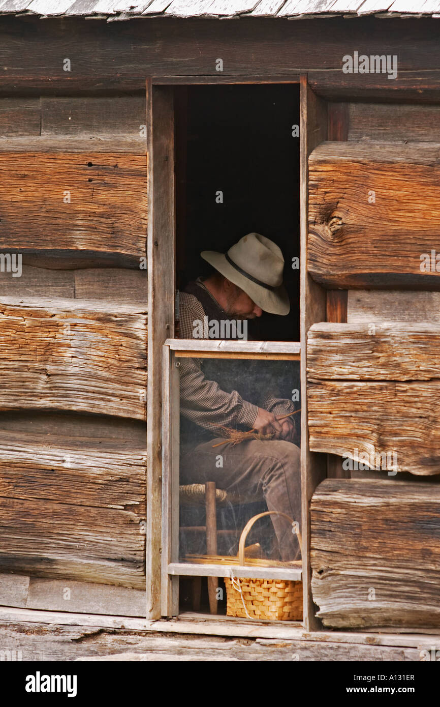 Man Making Baskets In Old Log Cabin Great Smoky Mountains National