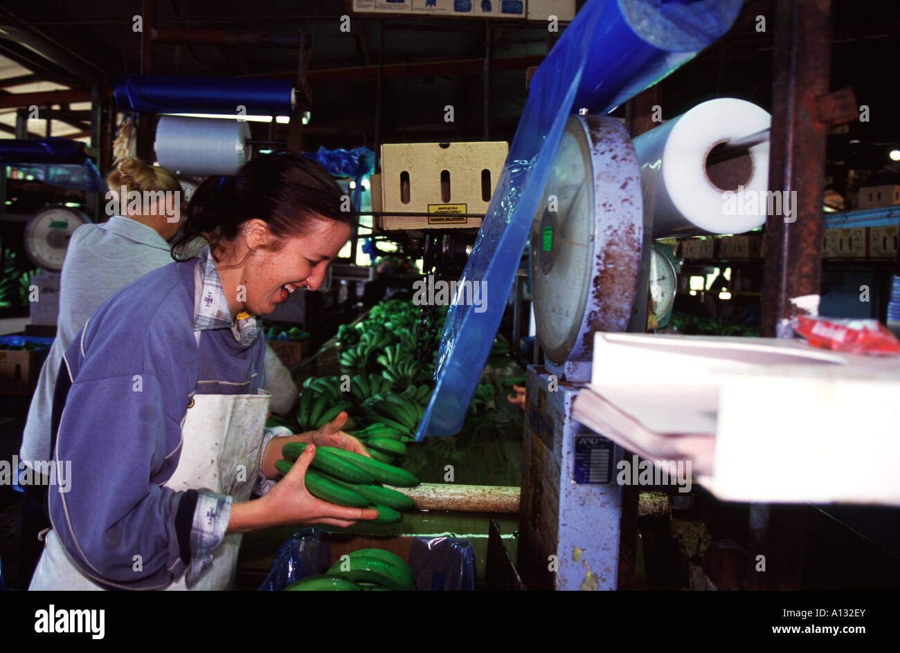 A banana packing factory worker shares a joke with a colleague in Tully