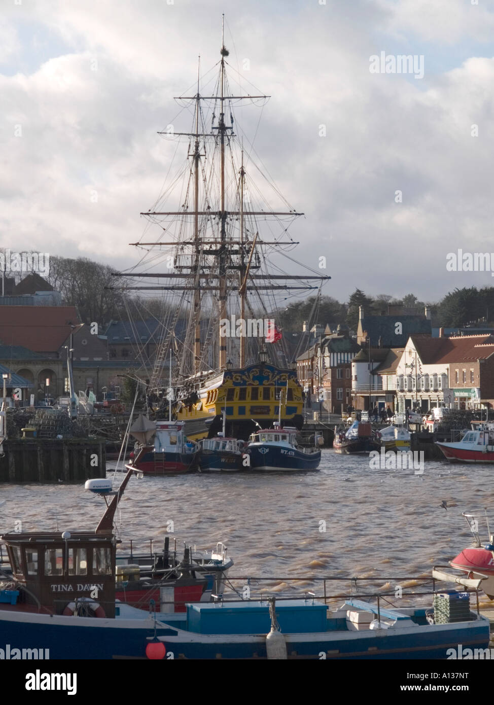 Replica sailing ship Grand Turk in harbour in Whitby North Yorkshire UK ...